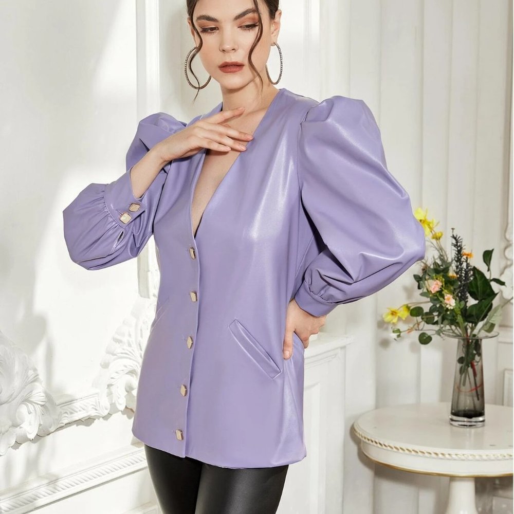 Gigot Sleeve Slant Pocket PU Leather Coat. NWT.